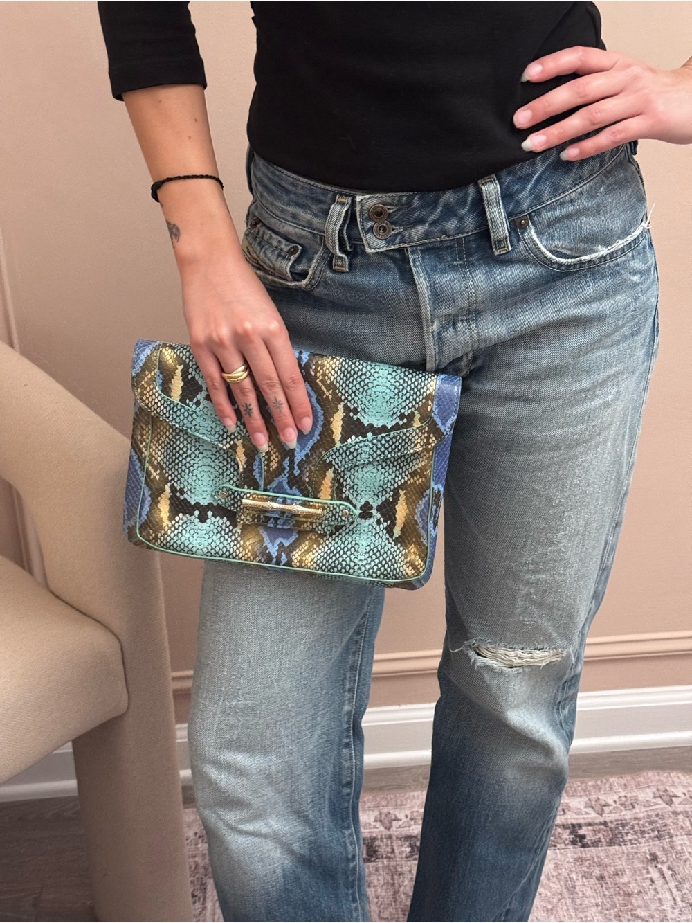 Elaine Turner Turquoise Blue Gold & Brown Python Snakeskin-Print Clutch